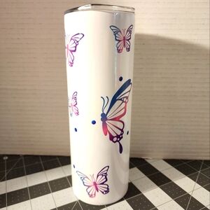 White Tumbler with Pink and Blue Butterflies 20 Oz